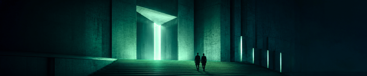 Two silhouetted figures standing near an illuminated geometric doorway in green architecture