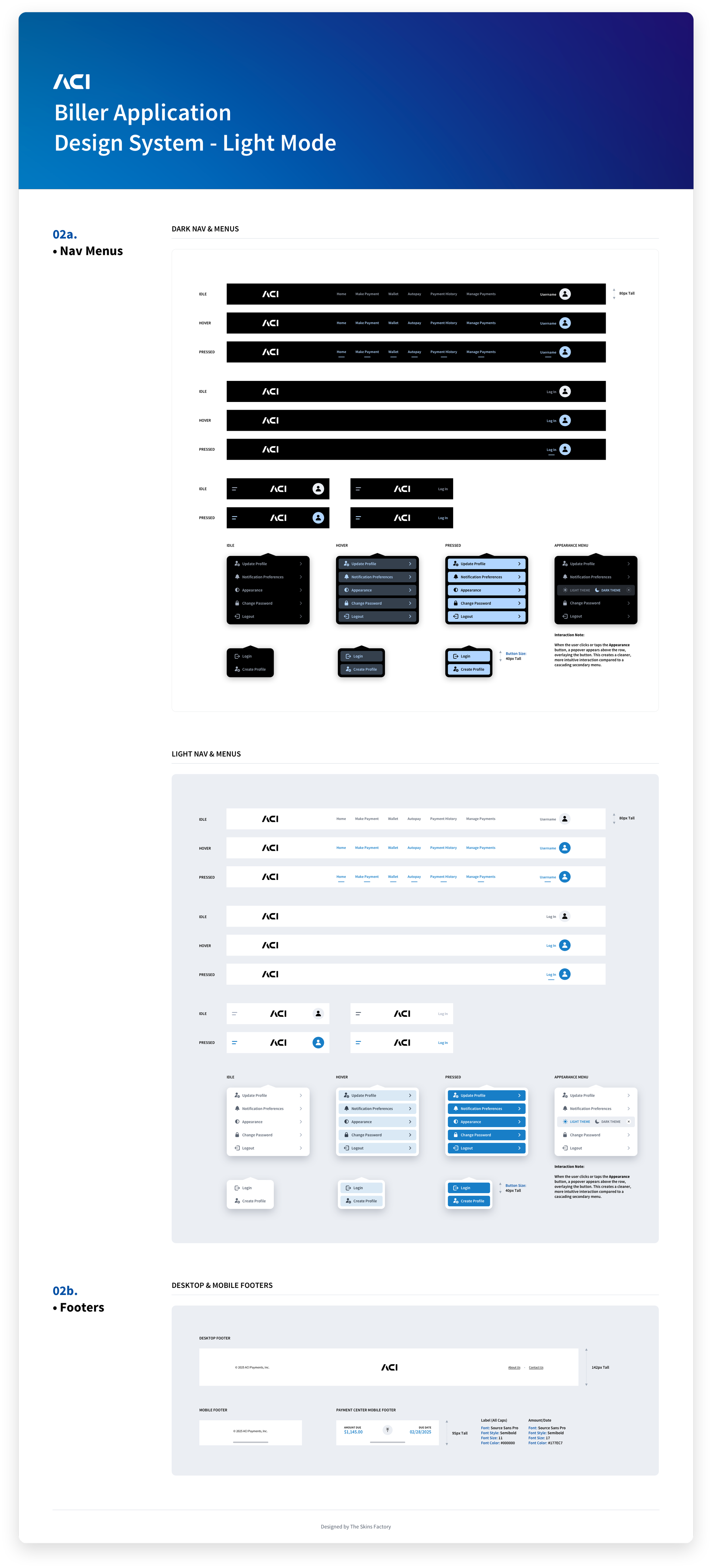 Navigation Menus + Footers from a fintech design system