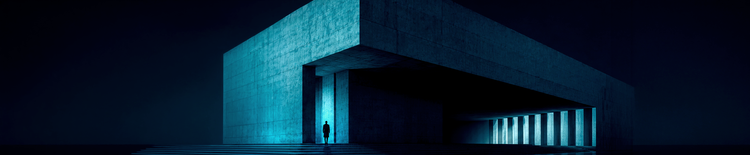 Figure beneath an illuminated cyan entrance in a massive angular enterprise structure