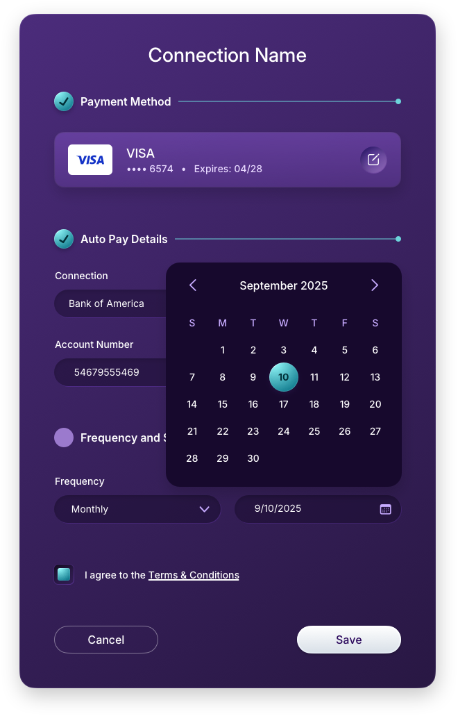 Fintech UI/UX Design - AutoPay - Schedule Date Calendar Dropdown Panel - Web App by The Skins Factory