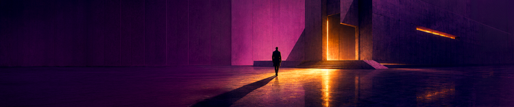 Vast magenta architectural plaza with orange illuminated entrance and lone figure