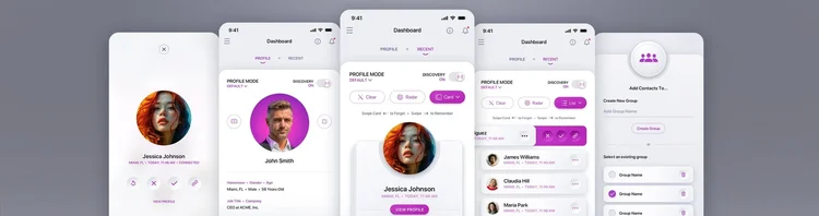 Recognize Me light mode mobile app UI/UX design — magenta theme, designed by The Skins Factory