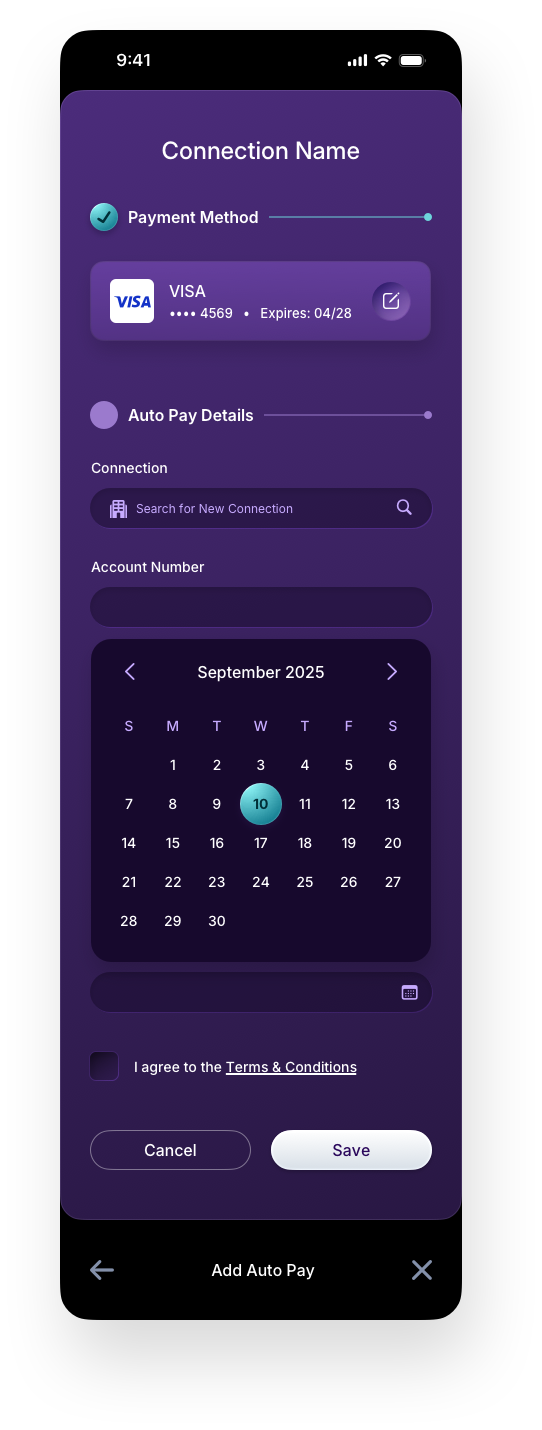 Fintech Mobile UI/UX Design - AutoPay Calendar Dropdown Screen - Web App by The Skins Factory