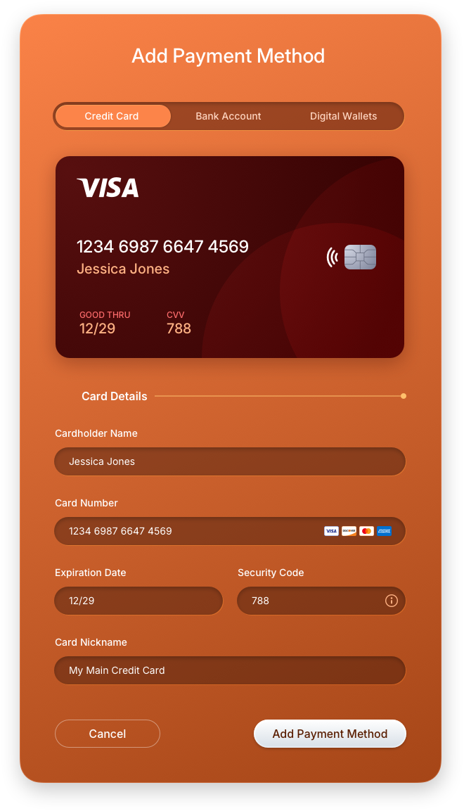 Fintech UI/UX Design - Wallet - Add Credit Card - Filled Out - Web App by The Skins Factory