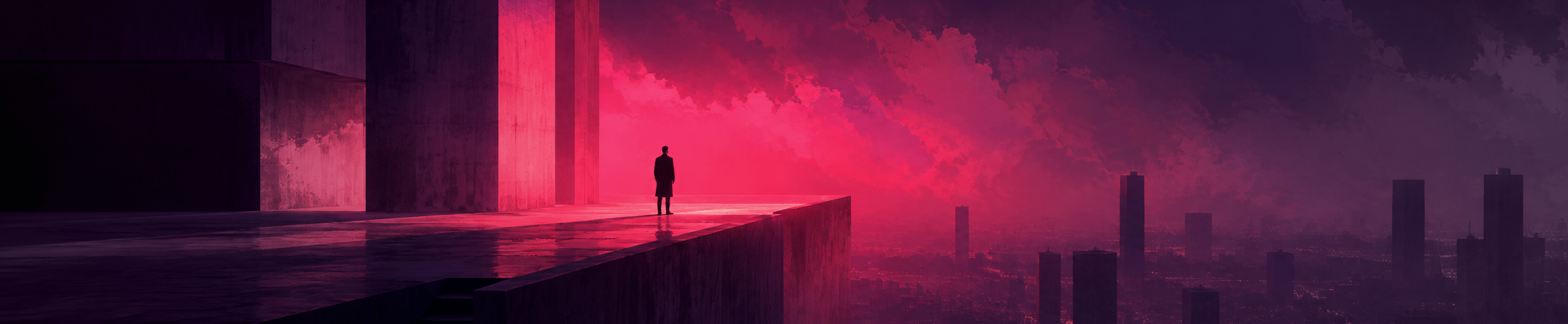 Why does visual hierarchy matter in security operations software? A solitary security operator stands within a dark architectural environment illuminated by intense magenta light