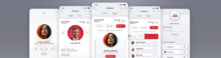 Recognize Me light mode mobile app UI/UX design — red theme, designed by The Skins Factory