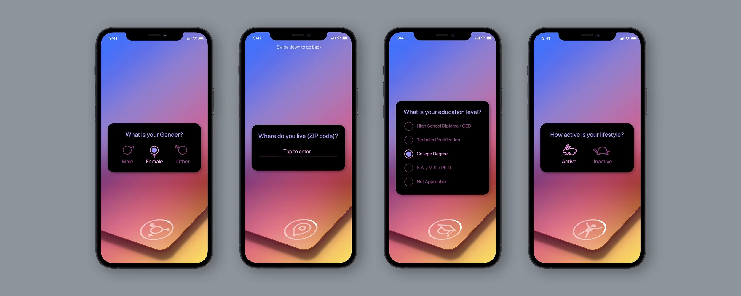 Patientory mobile healthtech onboarding questionnaire, interface design image set one