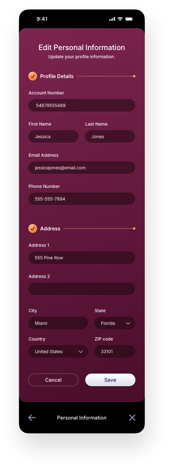 Fintech Mobile UI/UX Design - Profile Edit Personal Information Screen - Web App by The Skins Factory