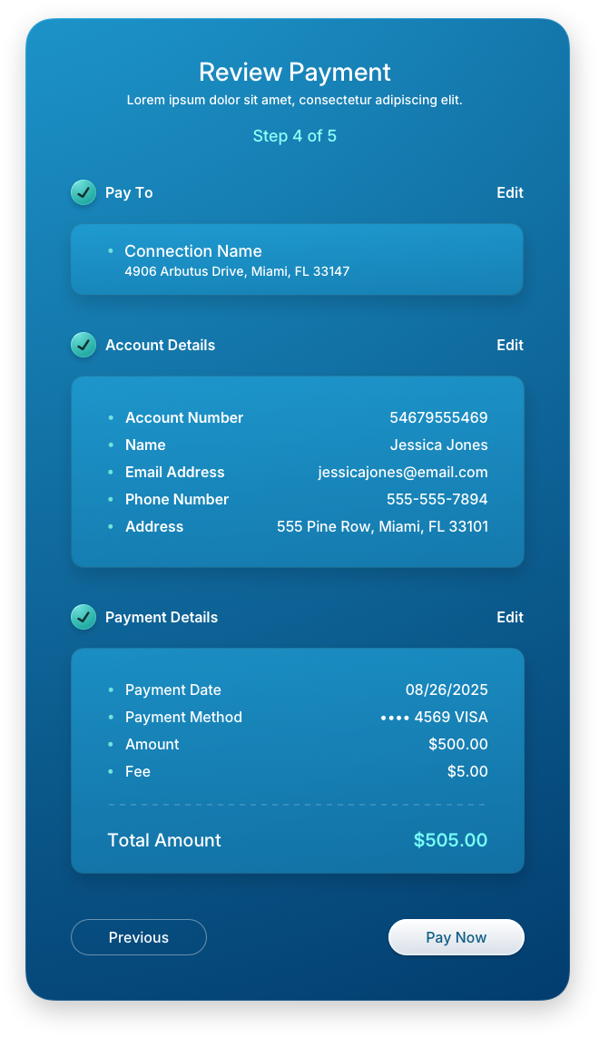 Fintech UI/UX Design - Make a Payment - Step 4 Review - Web App by The Skins Factory
