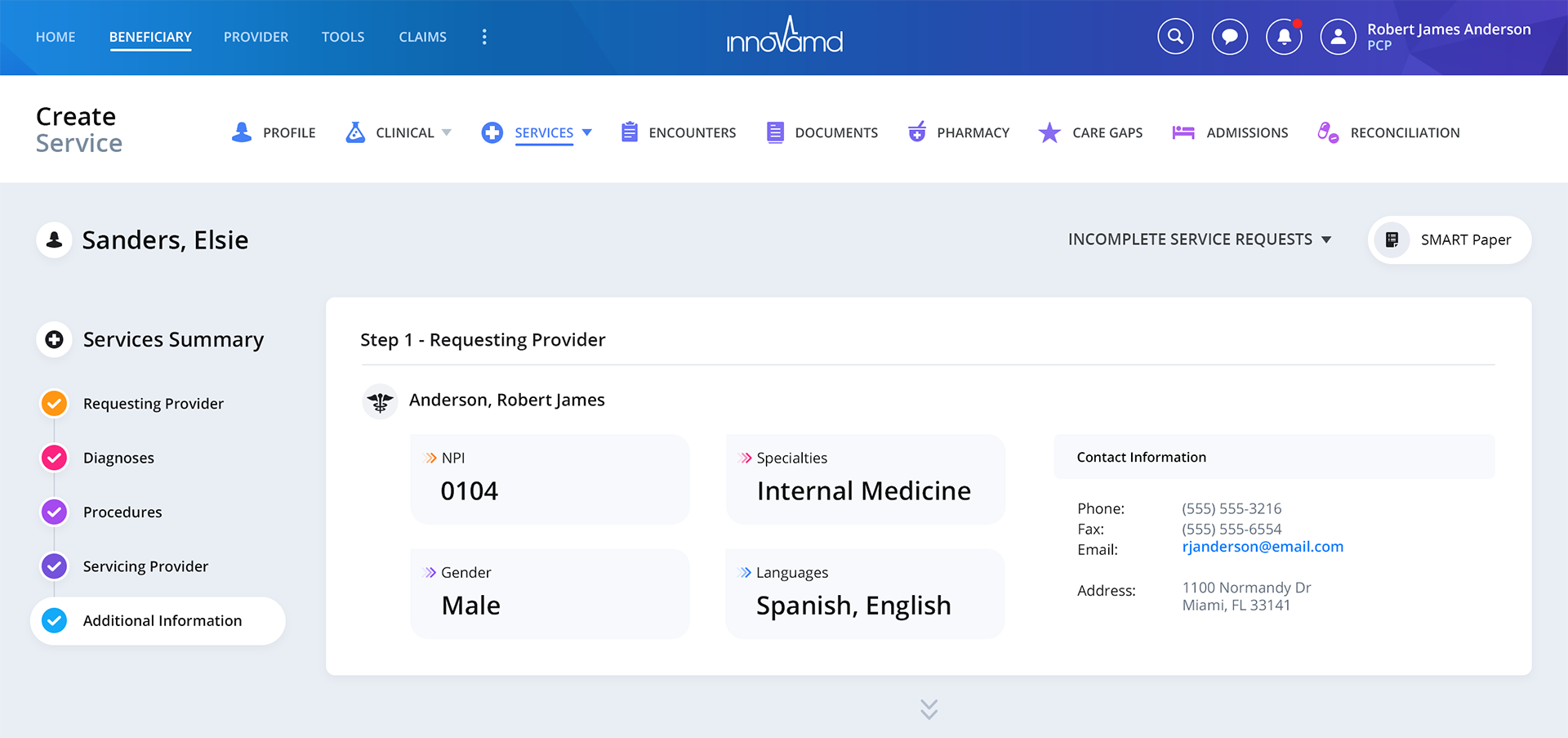 InnovaMD Create Service vertical progress sidebar interface showing checkmarks for completed steps