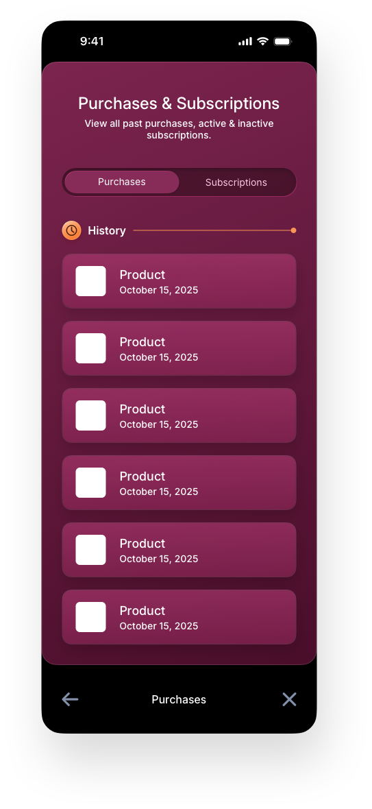 Fintech Mobile UI/UX Design - Profile Purchases History Screen - Web App by The Skins Factory
