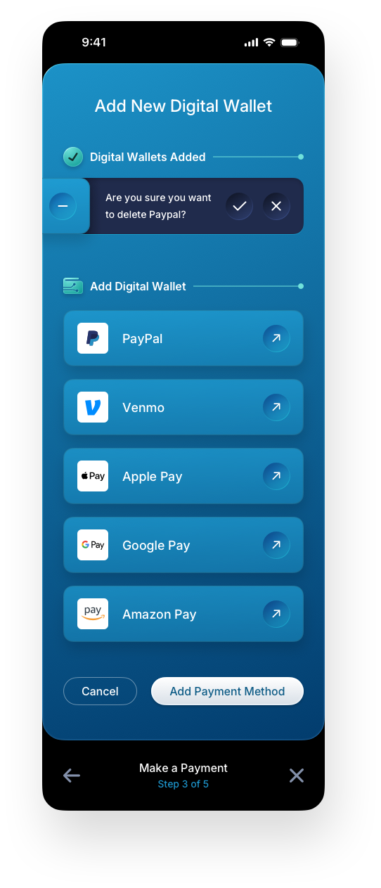 Fintech Mobile UI/UX Design - Step 3c Add Digital Wallet - Web App by The Skins Factory