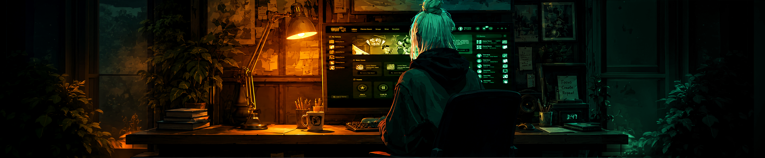 Product designer working in a modern studio overlooking a city at night