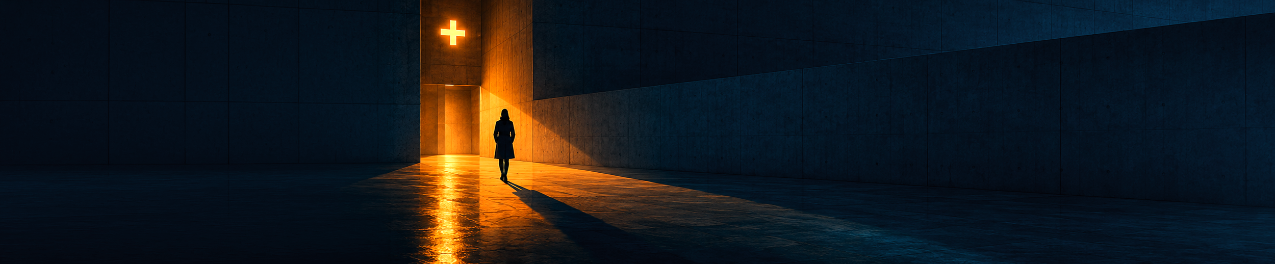 How can healthcare software reduce cognitive load for clinicians? A clinician walks through a dark hospital environment illuminated by warm orange light