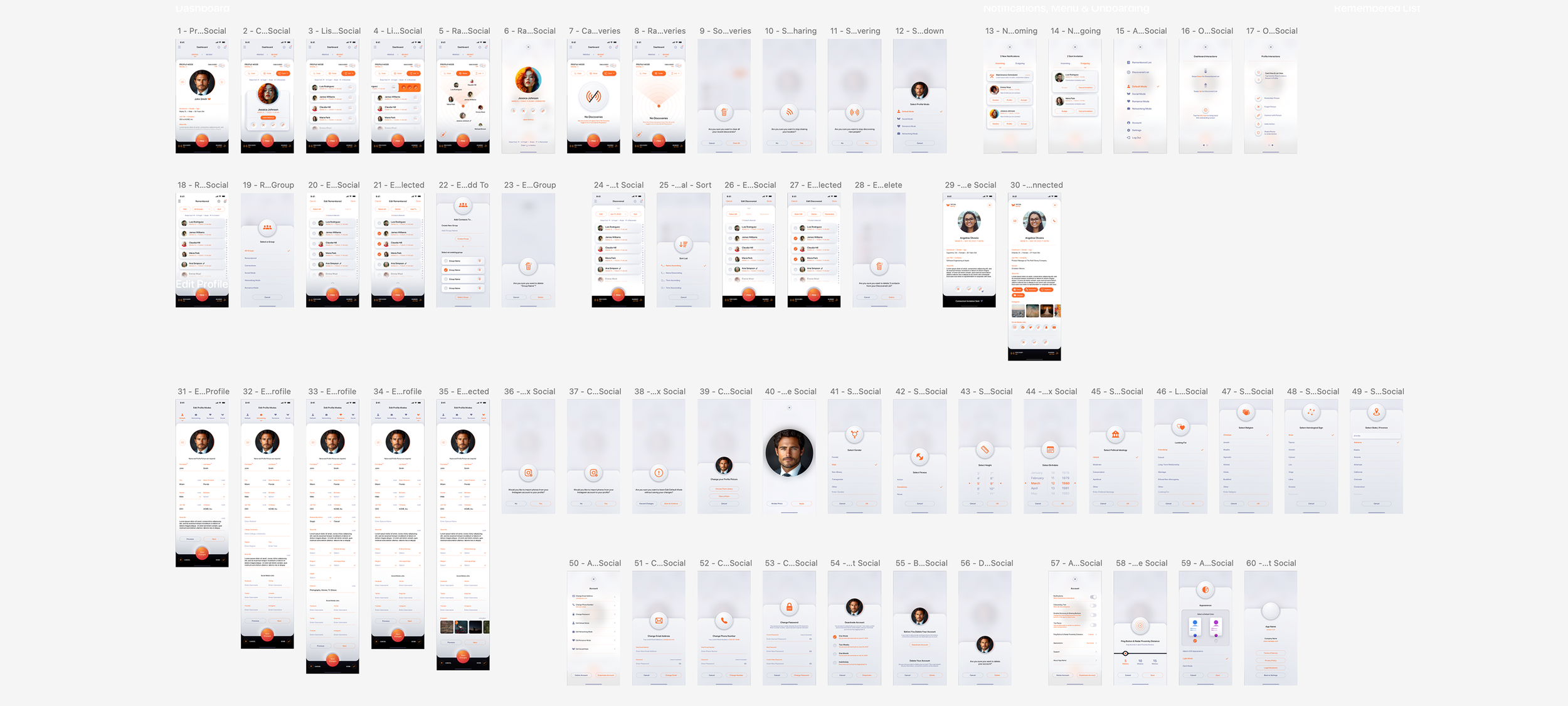 Partial Sketch source files showing the light mode interface screens and states for the Recognize Me social discovery mobile app