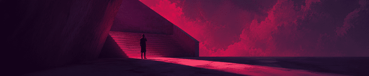 Dark magenta architectural stairway with a lone silhouetted figure