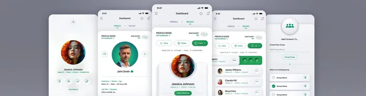 Recognize Me light mode mobile app UI/UX design — green theme, designed by The Skins Factory