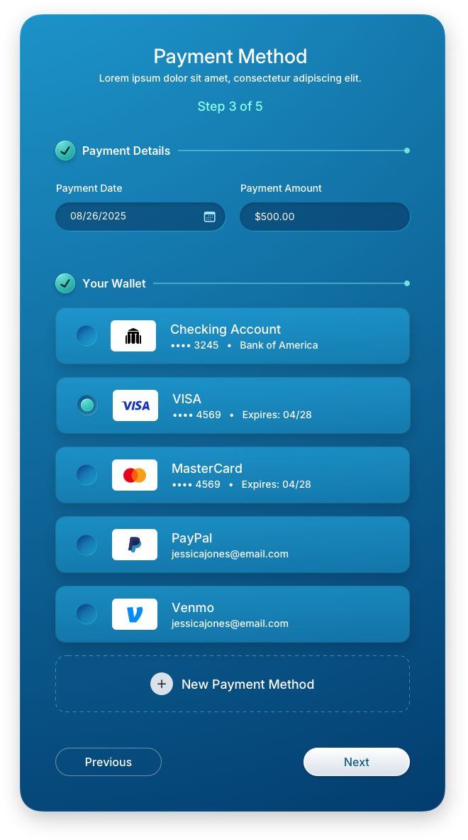 Fintech UI/UX Design - Make a Payment - Wallet Selection Panel - Web App by The Skins Factory