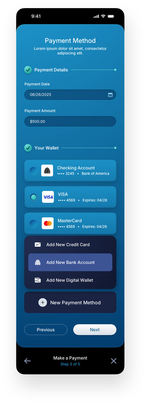 Fintech Mobile UI/UX Design - Step 3a Add Payment Method - Web App by The Skins Factory