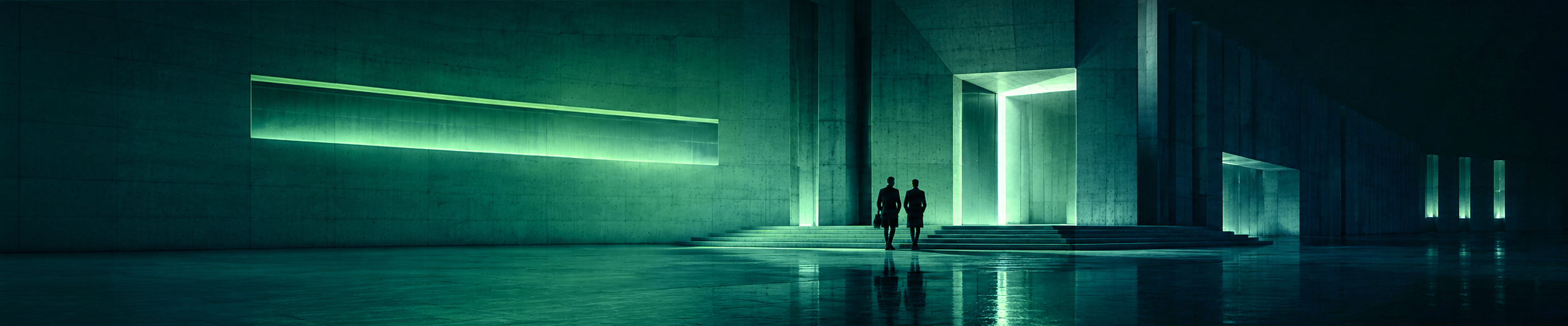 Two silhouetted people approaching a glowing green brutalist doorway, representing UI/UX deliverables and developer handoff