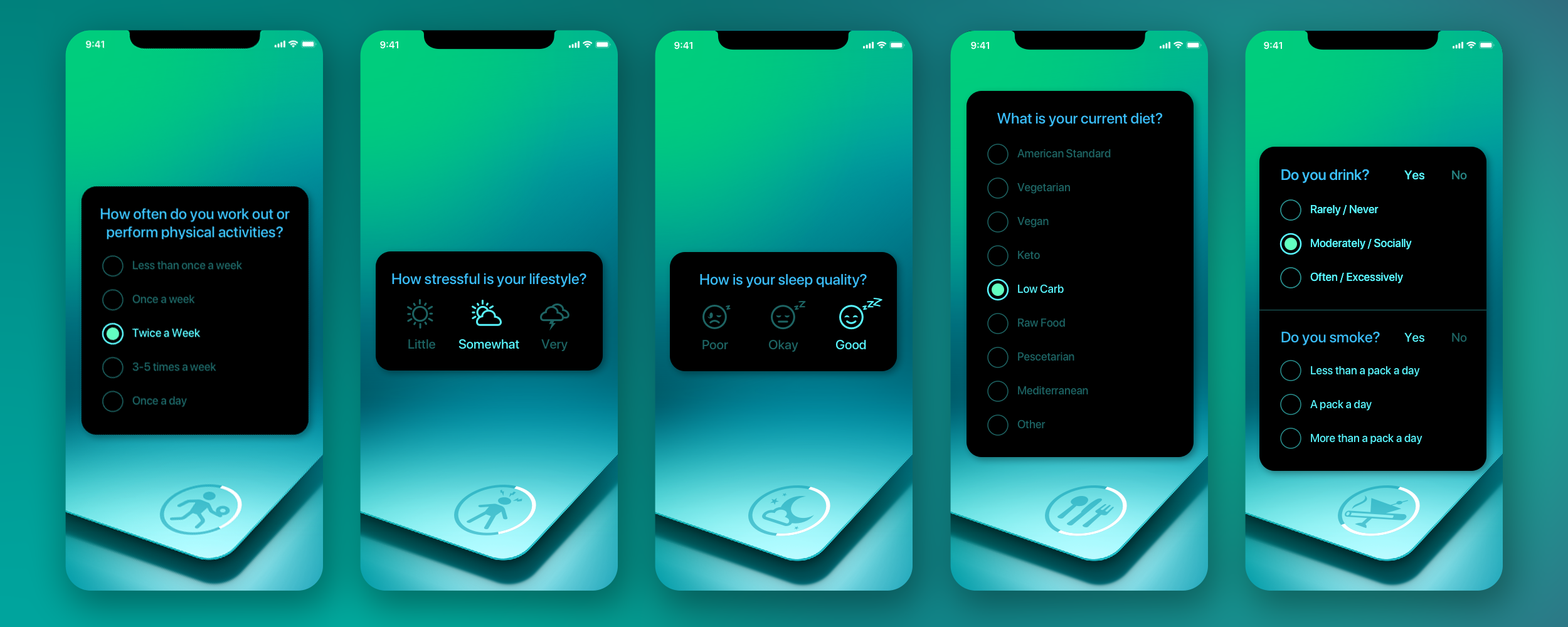 Patientory onboarding questionnaire screens showing changing color themes and progress rings
