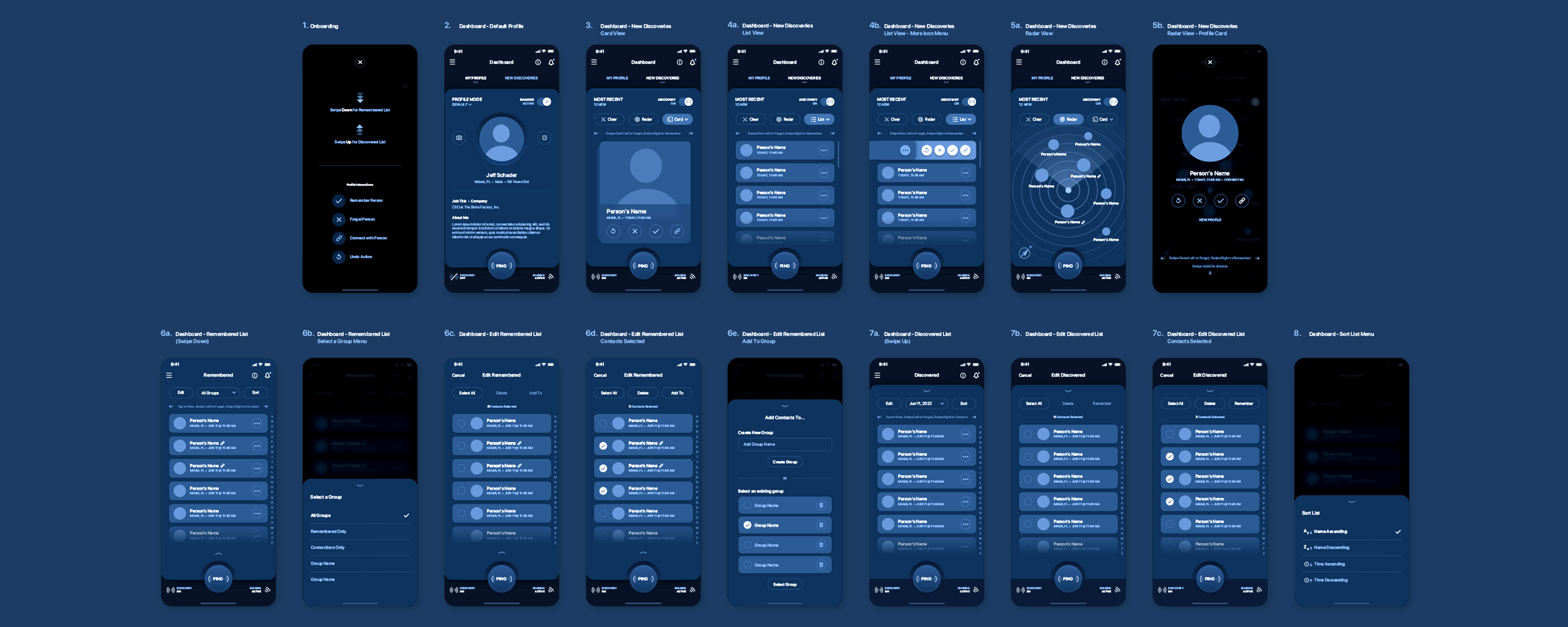 High-fidelity comps for the Recognize Me social discovery mobile app