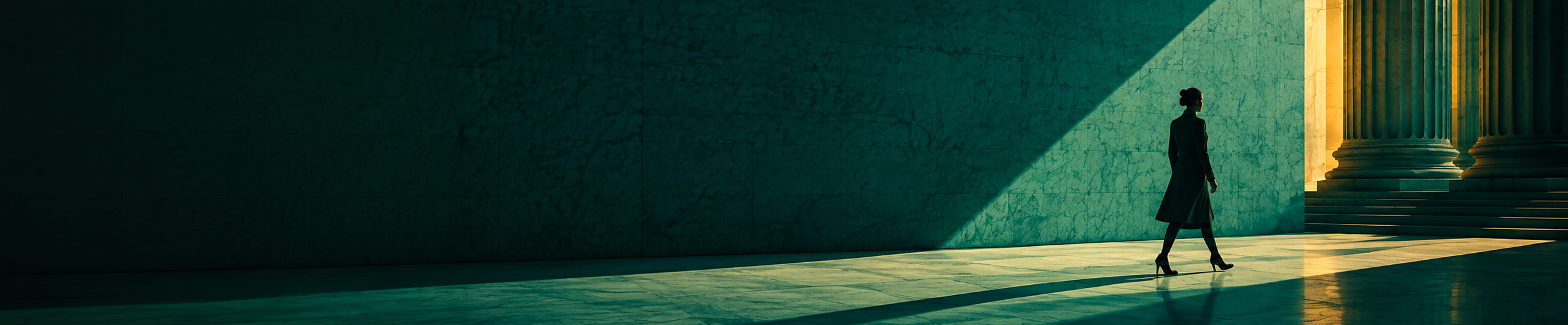 How do you simplify a complex fintech dashboard? A woman crosses a monumental mint-green financial architecture space illuminated by warm gold light