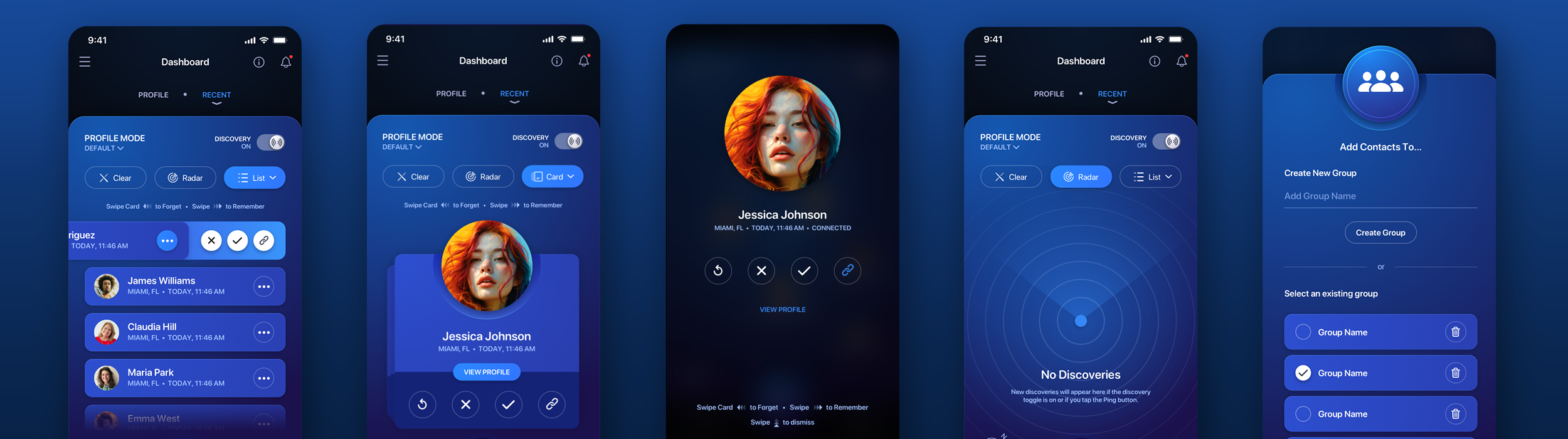 Social Media Discovery Mobile App UI UX Design - Dark Mode Blue