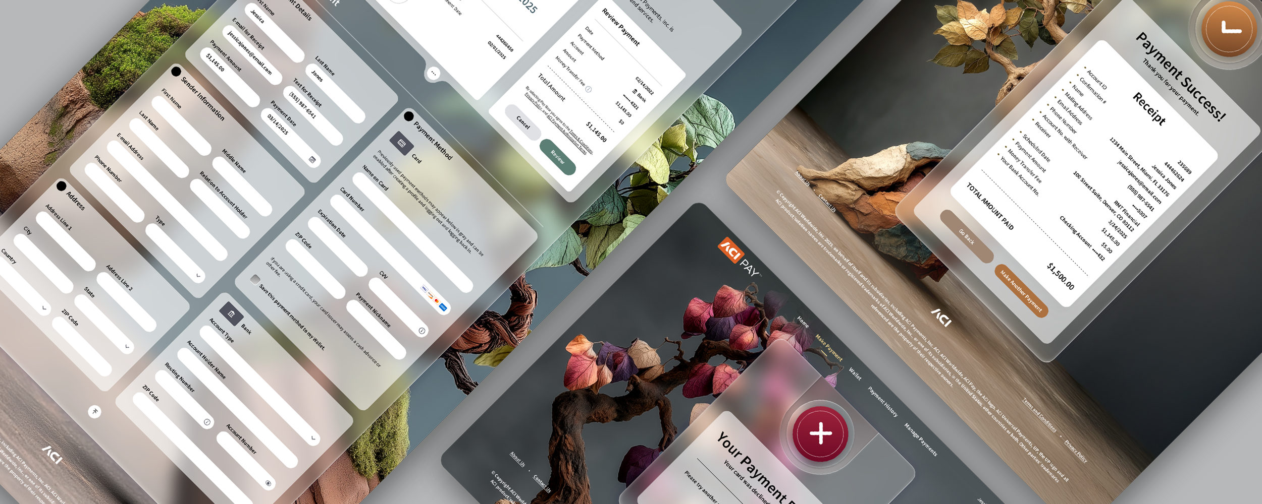 ACI Pay fintech proof-of-concept interfaces exploring dimensional dashboard UI design