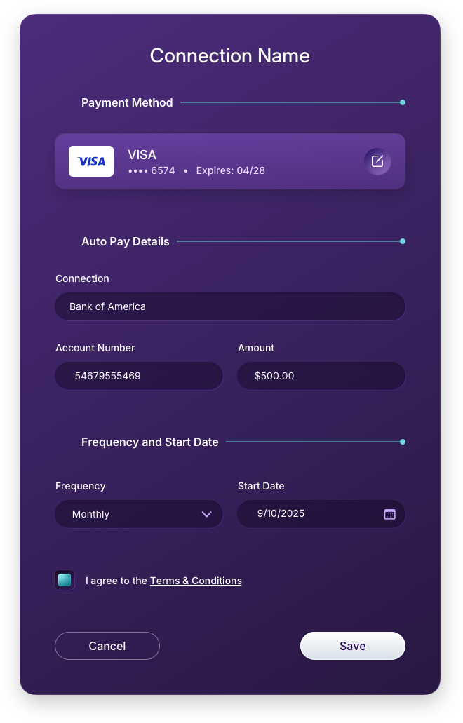 Fintech UI/UX Design - AutoPay - Add AutoPay Filled Out Form - Web App by The Skins Factory