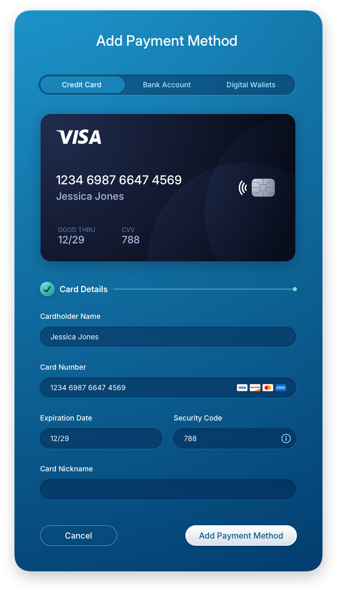 Fintech UI/UX Design - Add Payment Method - Credit Card Form - Web App by The Skins Factory