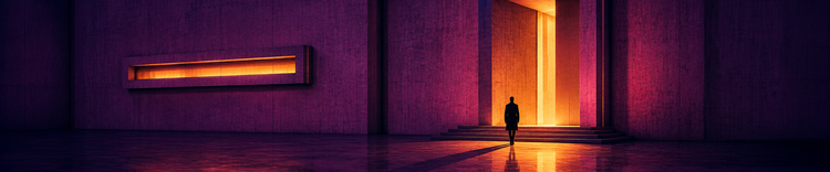 Monumental purple architecture with a glowing orange doorway and lone figure
