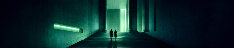 Two figures ascending steps toward a glowing green doorway