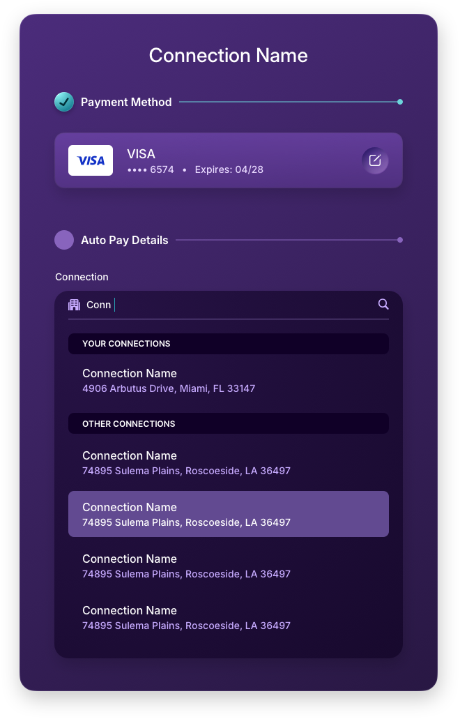 Fintech UI/UX Design - AutoPay - Add Connection Live Business Search Panel - Web App by The Skins Factory