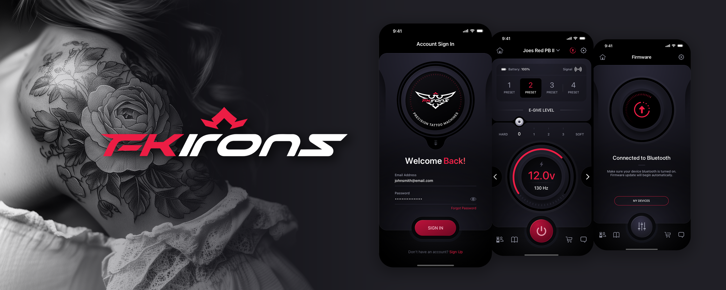FK Irons, diseño UI/UX de aplicación móvil para máquina de tatuaje en modo oscuro con acentos rojos por The Skins Factory