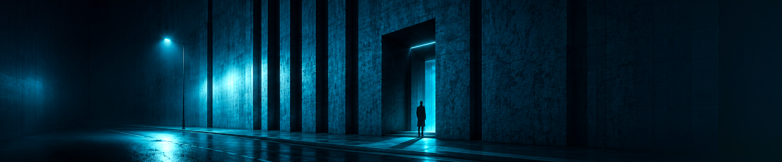 When should you redesign a SaaS or enterprise dashboard? A lone figure stands outside a cyan-lit brutalist office building at night