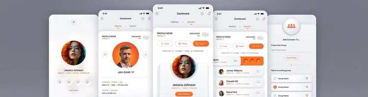Recognize Me light mode mobile app UI/UX design — orange theme, designed by The Skins Factory