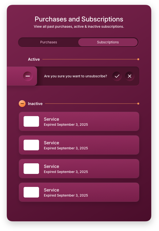Fintech UI/UX Design - Profile - Subscriptions Unsubscribe Panel - Web App by The Skins Factory