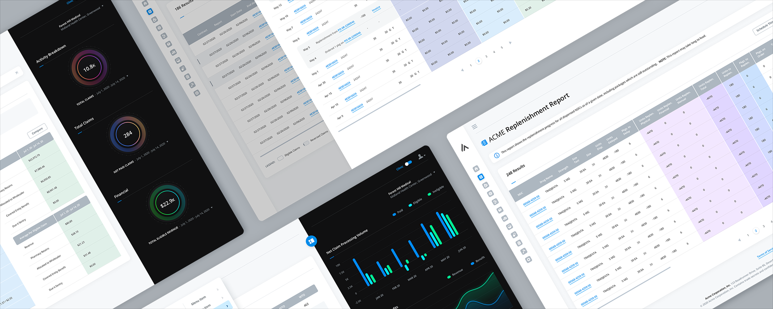 Hospital 340B contract pharmacy management healthcare SaaS dashboard and inventory application screens designed by The Skins Factory