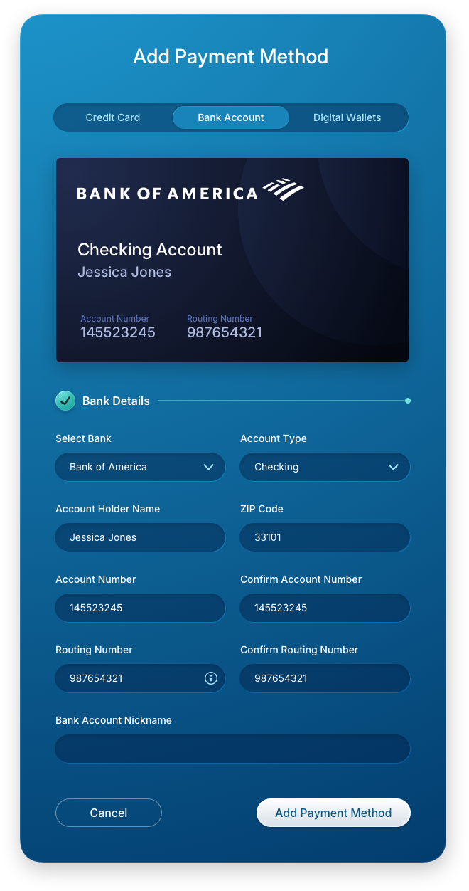 Fintech UI/UX Design - Add Payment Method - Bank Account Form - Web App by The Skins Factory