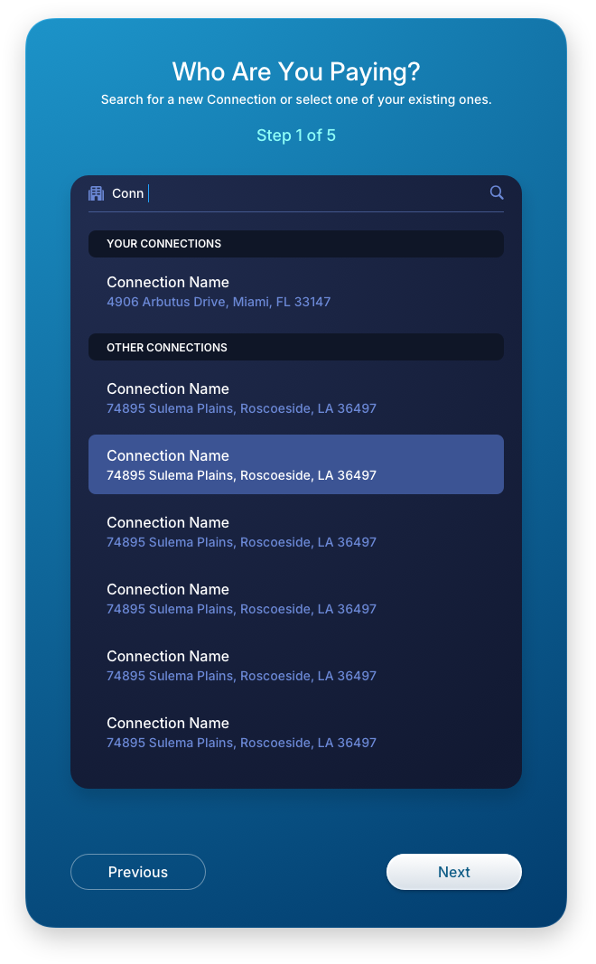Fintech UI/UX Design - Make a Payment - Live Search Panel - Web App by The Skins Factory