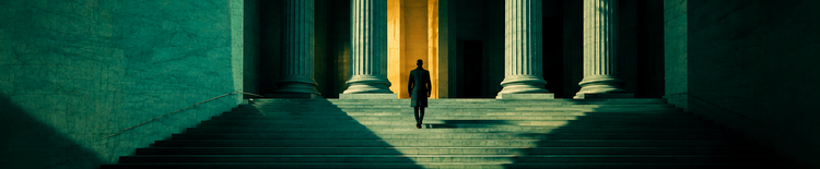 Silhouetted figure ascending wide mint-green financial steps toward golden light