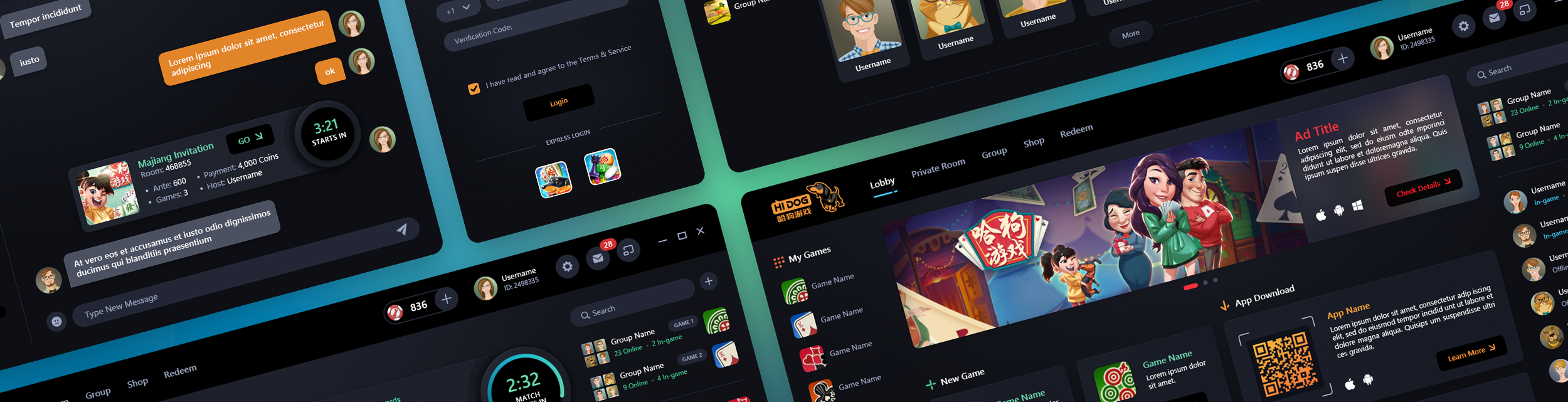 Hi Dog gaming platform dark mode interface design for Windows OS