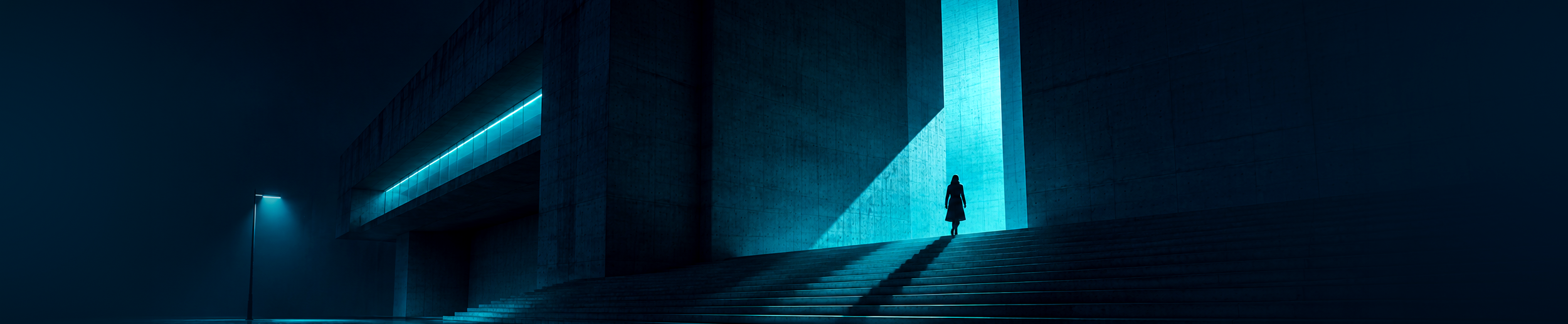 UX audit or full redesign for a SaaS product, represented by a lone figure climbing toward a cyan-lit opening in monumental brutalist architecture