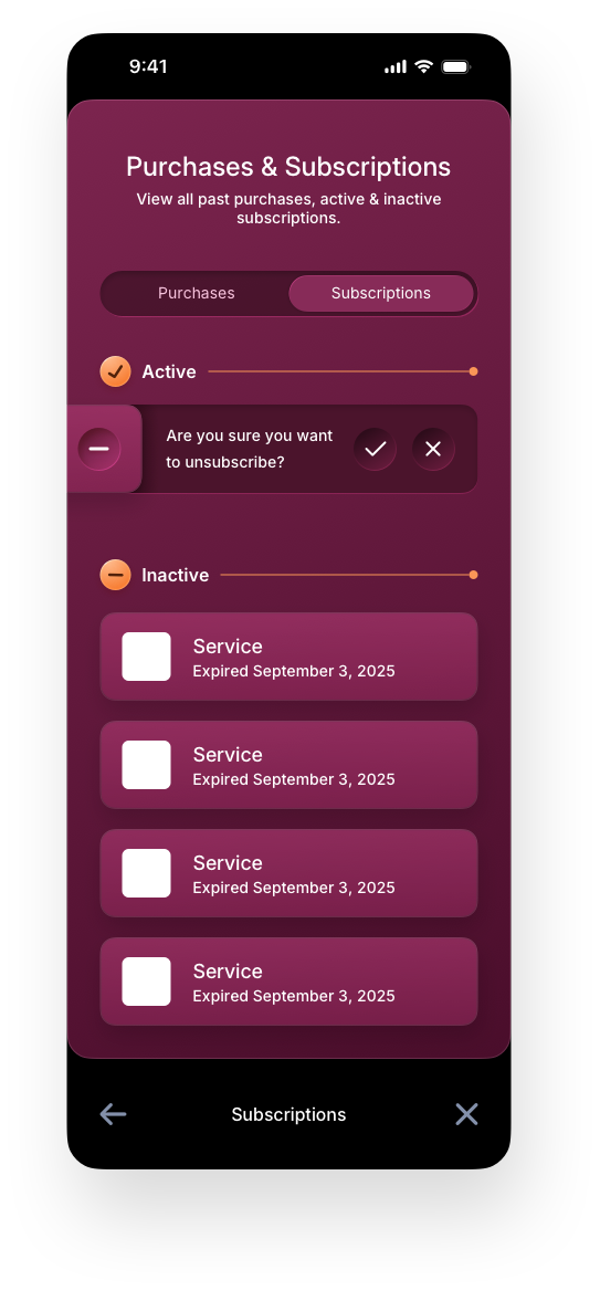 Fintech Mobile UI/UX Design - Profile Subscriptions Unsubscribe Screen - Web App by The Skins Factory