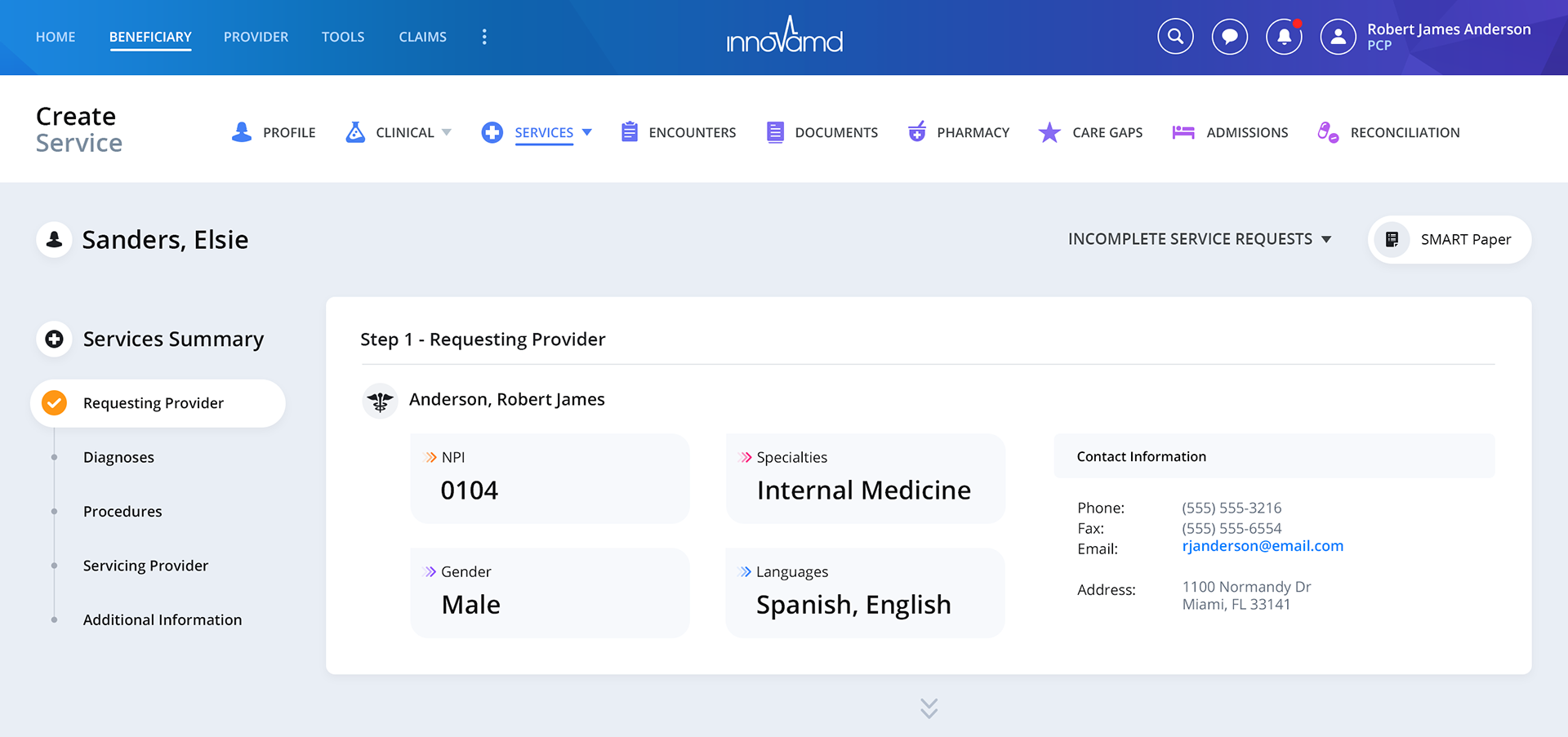 InnovaMD Create Service vertical progress sidebar interface showing current and completed steps
