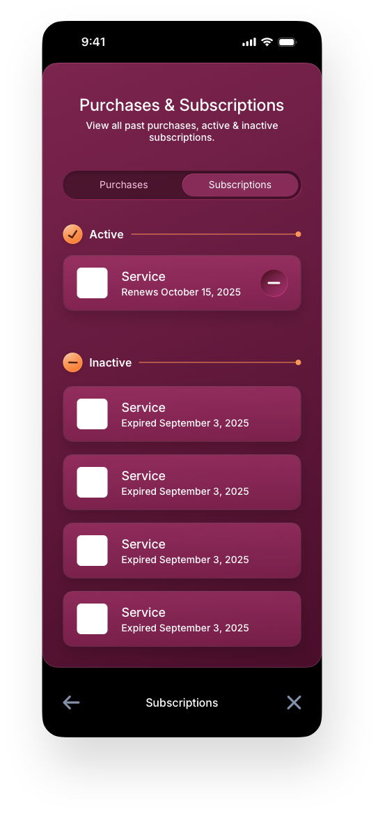 Fintech Mobile UI/UX Design - Profile Subscriptions Screen - Web App by The Skins Factory