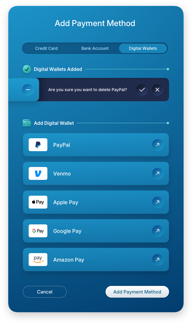 Fintech UI/UX Design - Add Payment Method - Inline Destructive Confirmation - Web App by The Skins Factory