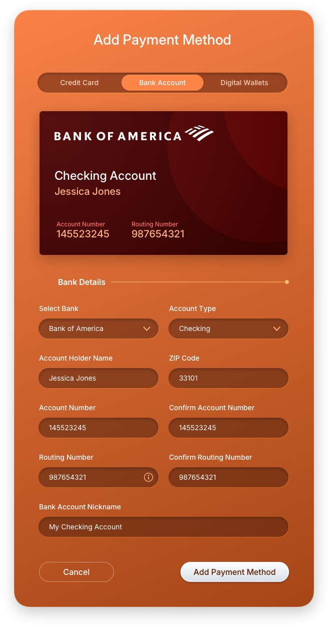 Fintech UI/UX Design - Wallet - Add Bank Account - Filled Out - Web App by The Skins Factory
