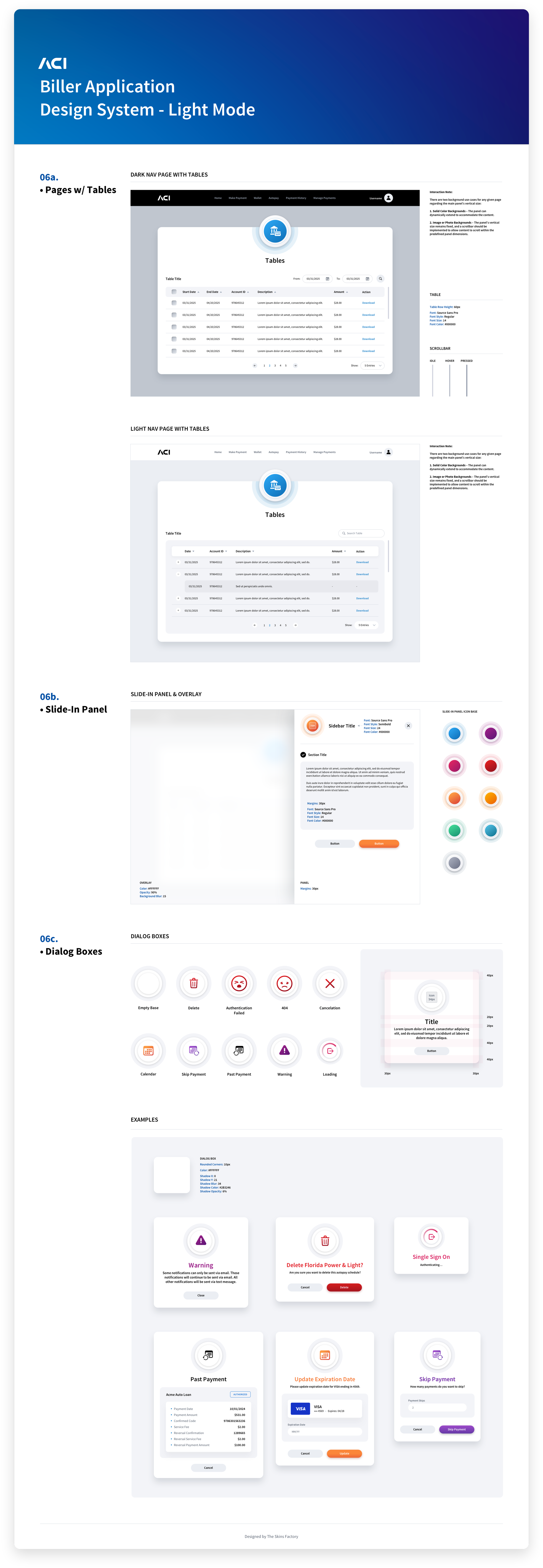 A fintech design system's tables in light mode designed by The Skins Factory